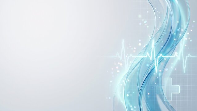 A clean healthcare wallpaper combining elegant medical waves and glowing heartbeat lines with soft digital lighting and generous copy space for professional medical branding.