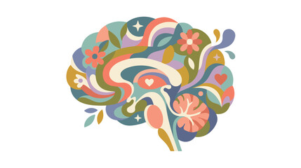 Fototapeta premium Abstract colorful human brain illustration with flowers and organic shapes representing mental health, wellness, and creative thinking