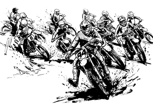 Dynamic Black and White Ink Sketch Illustration of Two Motocross Dirt Bike Riders Jumping with Mud Splatters
