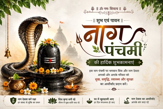 Traditional naag panchami poster with shiv lingam and cobra snake, panchami