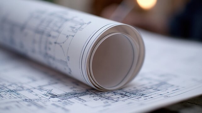 Rolled architectural blueprints and technical drawings on a table, representing planning and design