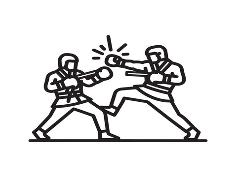 Two people fighting. Martial arts combat icon. Competitive sports match.