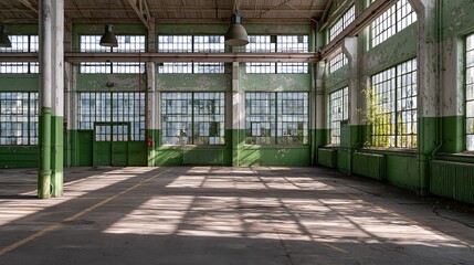 Obraz premium Spacious, Abandoned Industrial Warehouse Interior with Large Windows and Sunlight Patterns