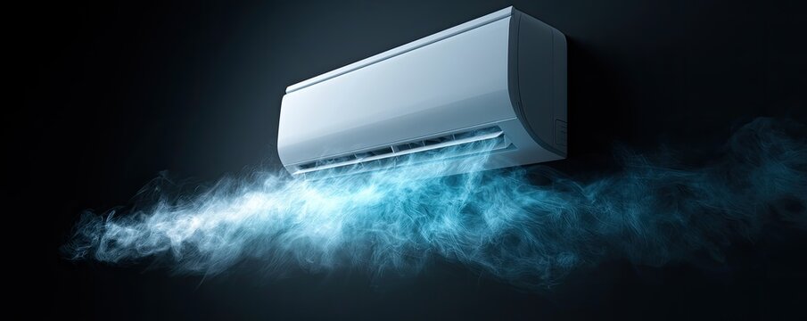 Wall-mounted cooling unit expels a cool, blue mist against a dark background