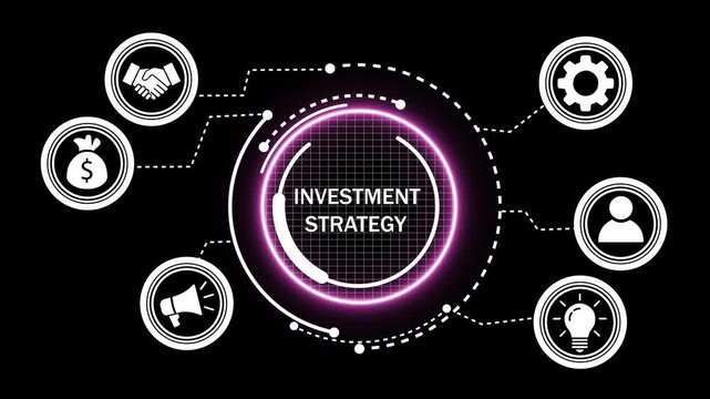 Dynamic investment strategy infographic animation featuring glowing neon financial capital growth concepts, strategic business planning, market analysis, and corporate wealth management visual
