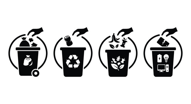 Four Recycling Bins With Waste Types Black Silhouette trash garbage containers disposal