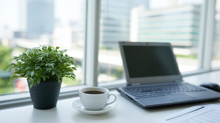 Fototapeta premium Modern Office Desk with Laptop, Coffee, and Potted Plant with City View