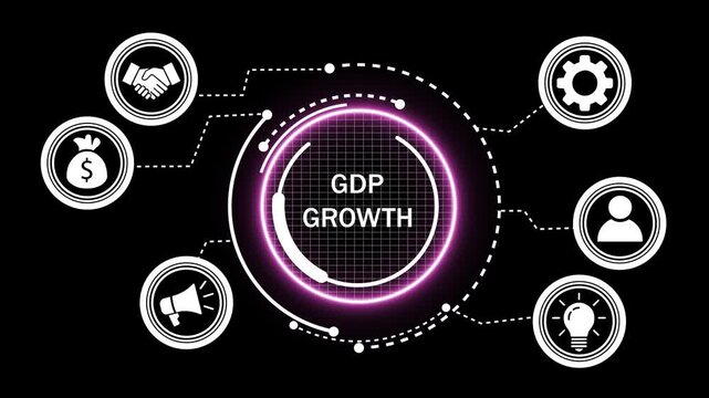 Dynamic gdp growth infographic animation featuring glowing neon circular interface with connected business for economic analysis, financial reporting, market trends, and corporate data visualization