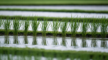 Obraz premium Rows of young green rice plants growing in flooded paddy fields with reflections