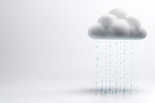 Cloud rains binary digits on white background. Space for text.