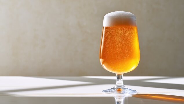 Amber ale with frothy head in stemmed glass, soft light, dappled shadows