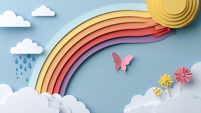 Whimsical papercraft scene with layered rainbow, sun, clouds, rain, flowers, and butterfly