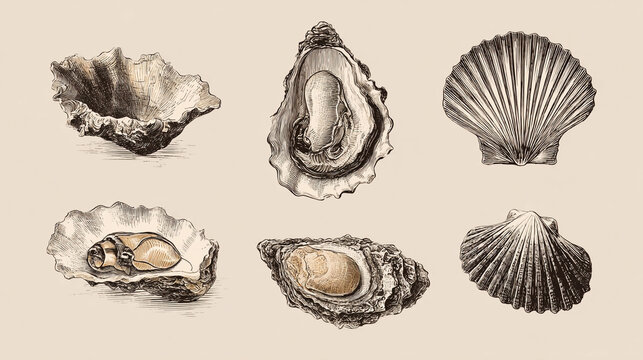 Vintage hand drawn set of oysters and scallop shells illustration.