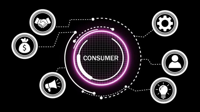 Digital consumer behavior infographic animation featuring glowing neon interface with connected business for marketing strategy, market research, customer experience, and data analytics presentations