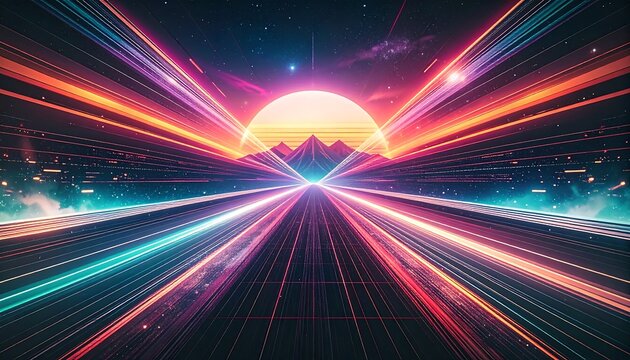 A vibrant digital artwork depicting a radiant sun rising over a futuristic, grid-patterned landscape
