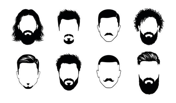 Set of eight black and white male hairstyles, beards, and mustaches silhouettes on transparent background