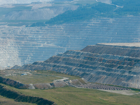 Open Pit Mining Terraces and Quarry Landscape in British Columbia, Canada With Industrial Scale Excavation