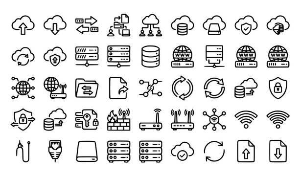 Data Exchange and Cloud Computing Line Icons Set with Server File Transfer and Network Symbols