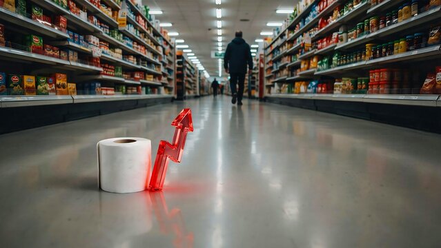 Red arrow disruption concept in supermarket aisle retail environment