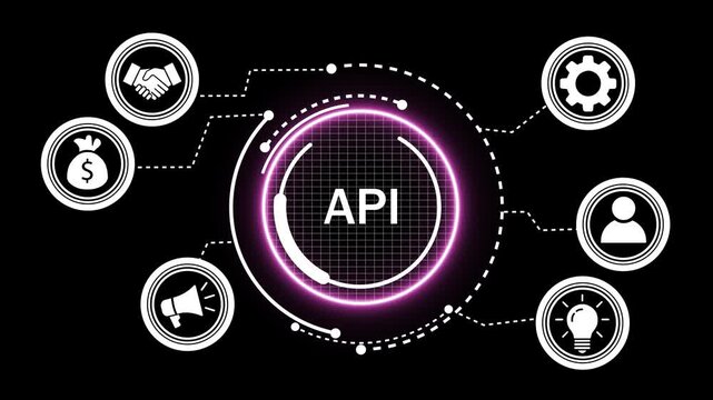 Dynamic api integration concept with glowing neon circular interface and connected business for modern software development, digital transformation, cloud computing, and tech presentations