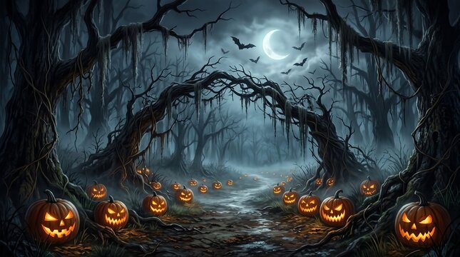 Spooky Halloween Background Featuring Monster Skull, Crossbones, Witch Hat, and Jack-o'-Lantern Pumpkin for October Celebration