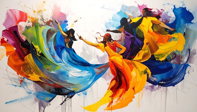A vibrant digital artwork depicts dancing figures in dynamic, flowing attire