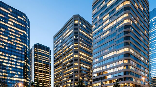 Modern office buildings with illuminated windows at dusk, reflecting a busy urban cityscape