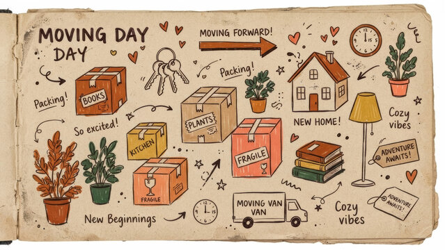 Hand-drawn moving day doodle set featuring packing boxes, keys, new house, plants, lamp and moving van with New Home and New Beginnings text.