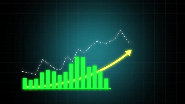 Dynamic financial growth chart animation featuring rising green bar graphs and upward trending line indicators on a dark digital grid background, for business 