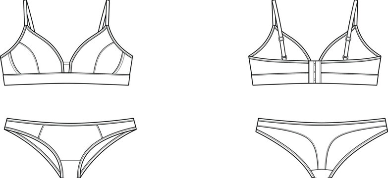 Women's Bra and Panty Lingerie Technical CAD Drawing Set with Front and Back Views for Apparel Design Template