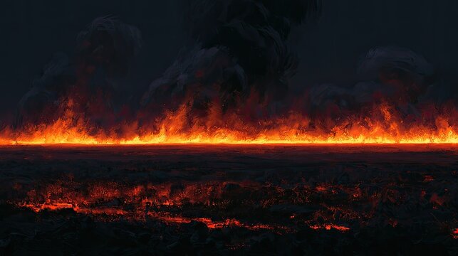 A vast, infernal landscape engulfed in roaring flames and dark, ominous smoke