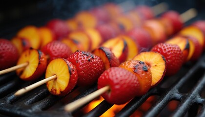 Plakat Strawberries and sliced peaches cook on skewers over hot grill grates. Small flames lick the fruit, creating a char. Smoke rises from the delicious barbecue.