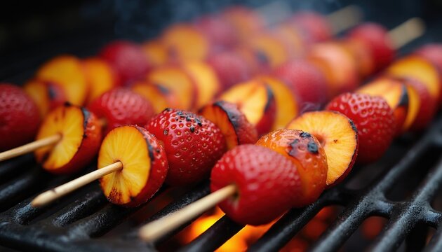Strawberries and sliced peaches cook on skewers over hot grill grates. Small flames lick the fruit, creating a char. Smoke rises from the delicious barbecue.