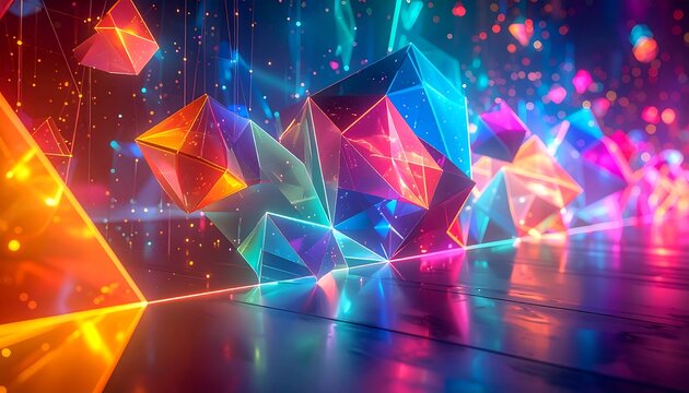 A vibrant digital artwork featuring geometric shapes amidst neon lights