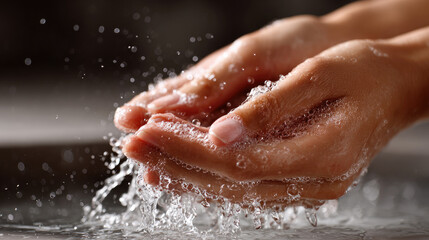 Fototapeta premium Human hands rinsing with foamy soap and clean water. Illustrating essential daily personal hygiene practices for effective germ removal. Promoting health