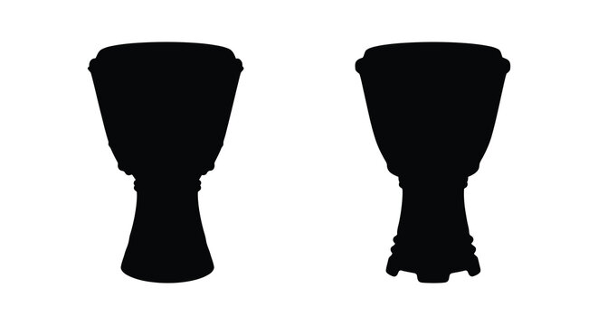 Two djembe drums depicted as black silhouettes against a white background silhouette