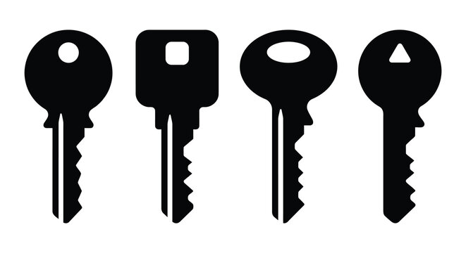 Four distinct metal keys in a black silhouette against a white background silhouette