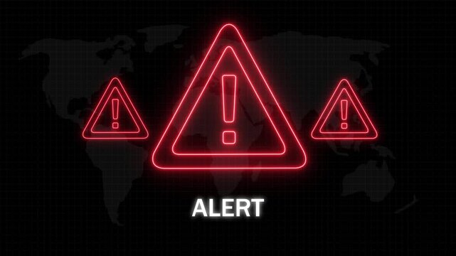 Global cybersecurity alert warning motion featuring glowing red neon hazard triangle symbols and digital map background, for financial crisis, data breach, or, emergency security notification systems