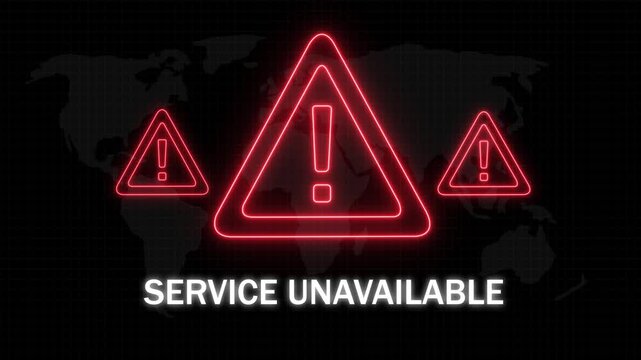 Service unavailable digital alert sign with glowing red neon warning triangles and exclamation marks over a dark map background, for cybersecurity, server, error, network outage, and it system failure