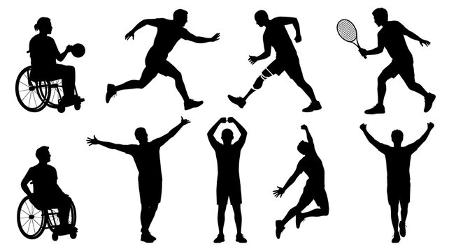 Athletes silhouettes in various sports and poses with diverse physical abilities during dynamic activity