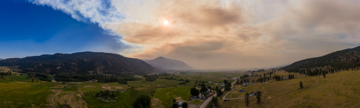 Panoramic Valley Landscape With Forest Fire Smoke Over Merritt, British Columbia, Canada At Sunset