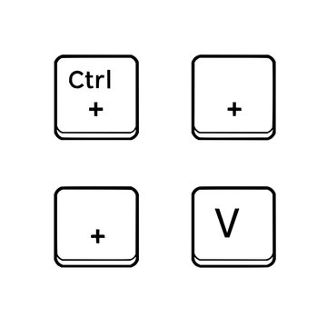 Keyboard key pairs set with minimalist vector illustration of a 2x2 grid featuring Ctrl, C, Ctrl, V, plus sign with black outline and monochrome