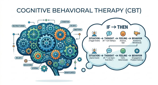 Modern CBT psychology concept with cognitive gears vector illustration