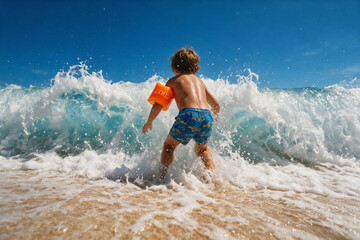 Obraz premium Toddler, blue swim trunks, playing in ocean waves, beach fun, summer vacation
