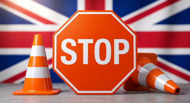 Traffic cones, stop sign, UK flag background, roadwork, traffic control