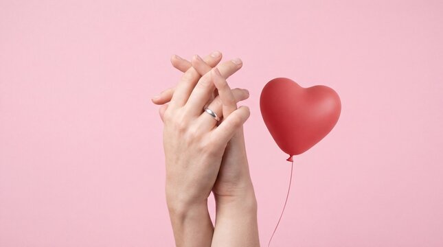 Romantic couple holding hands with engagement ring, red heart balloon on pink background, concept of love and marriage proposal