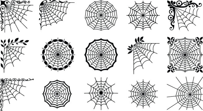 Collection of black spider web including corner accents, circular webs, and decorative ornate frames on a white background