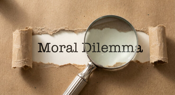 Magnifying glass, moral dilemma concept, ethics question, torn paper background