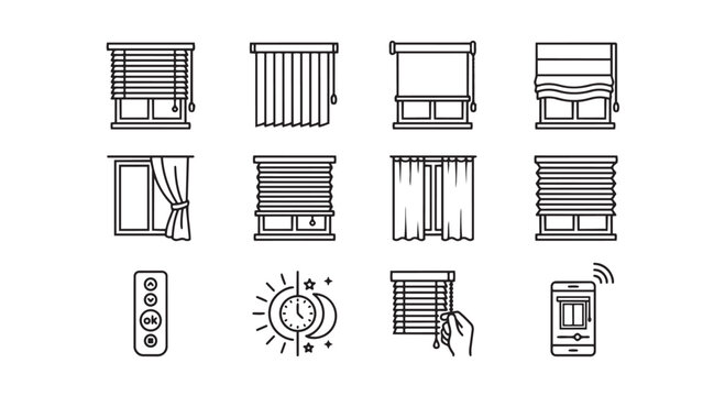 Window blinds curtains and smart home control icons with curtains interior automation shutters electronic
