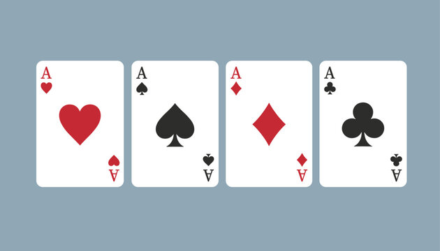 Four aces of playing cards containing hearts, spades, diamonds, and clubs lined up on a soft grey background.